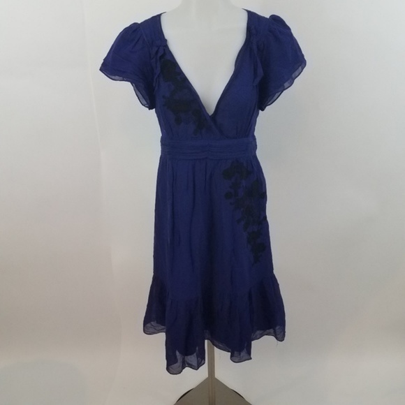 Anthropologie Lithe Blue Dress Black Lace Trim - Picture 4 of 6
